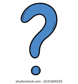 Dibujado a mano signo de interrogación azul de dibujos animados aislado sobre fondo blanco. Ilustración vectorial.