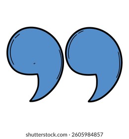 Hand drawn cartoon blue quote mark isolated on a white background. Vector illustration.
