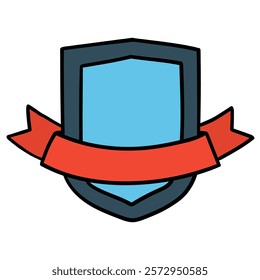 Hand drawn cartoon blue shield with red ribbon banner isolated on white background. Vector illustration.