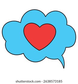 Hand drawn cartoon blue speech bubble with red heart isolated on white background. Vector illustration.