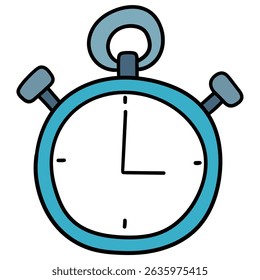 Hand drawn cartoon blue stopwatch isolated on white background. Vector illustration.
