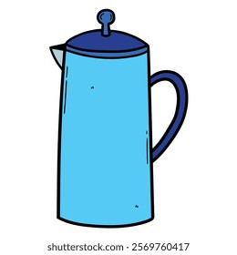 Hand drawn cartoon blue tea kettle isolated on white background. Vector illustration.