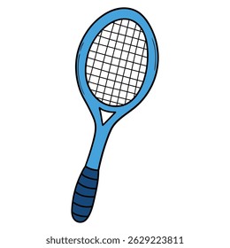 Hand drawn cartoon blue tennis racket isolated on white background. Vector illustration.
