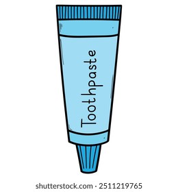 Hand drawn cartoon blue toothpaste tube isolated on white background. Vector illustration.