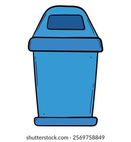 Hand drawn cartoon blue trash can isolated on white background. Vector illustration.