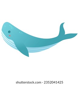 Hand drawn cartoon blue whale. Cute whale sea life.Cachalot marine life.Isolated on white background.Vector flat illustration.Underwater fish.Sperm whale marine mammal.
