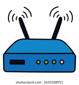 Roteador wi-fi azul desenhado à mão isolado no fundo branco. Ilustração vetorial.