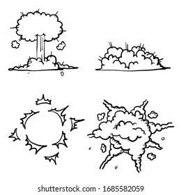hand drawn Cartoon bomb explosion. Dynamite explosions, danger explosive bomb detonation and atomic bombs cloud comics. Bomb dynamites detonators doodle style