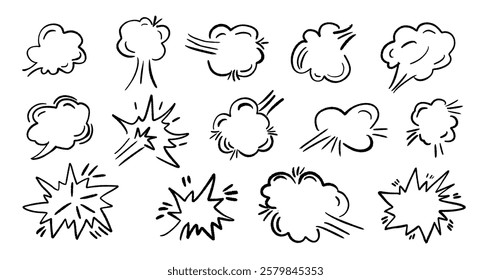 Hand drawn cartoon boom effect doodle vector set. Decoration graphic elements in grunge style.