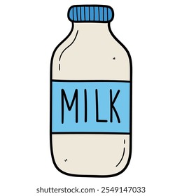 Hand drawn cartoon bottle of milk isolated on white background. Vector illustration.