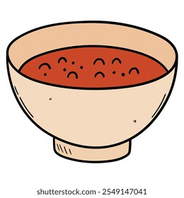 Tigela desenhada à mão de desenho animado de sopa de pimenta quente isolado no fundo branco. Ilustração vetorial.