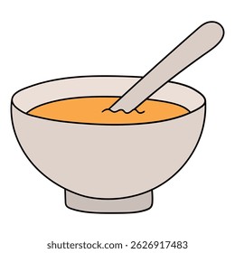 Hand drawn cartoon bowl of soup with spoon isolated on white background. Vector illustration.