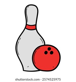 Hand drawn cartoon bowling pin and ball isolated on white background. Vector illustration.