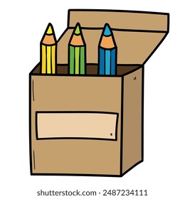Hand drawn cartoon box with colored pencils isolated on white background. Vector illustration.