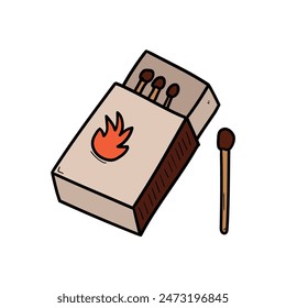 Hand drawn cartoon box of matches isolated on a white background. Vector illustration.