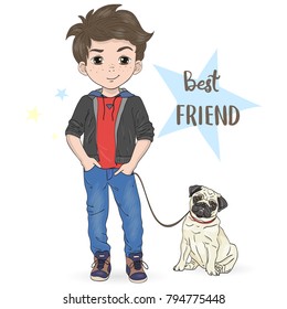 Hand drawn cartoon boy with dog pug. Vector illustration.