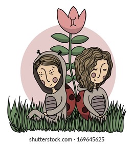 Hand drawn cartoon boy and girl, Gemini zodiac