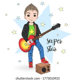 Hand drawn cartoon boy with guitar. Vector illustration.