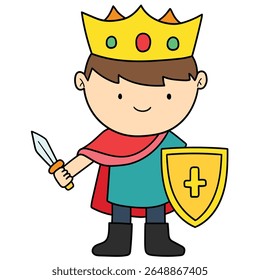 Hand drawn cartoon boy king with sword and shield isolated on white background. Vector illustration.