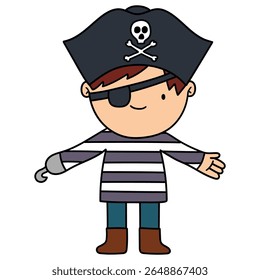 Hand drawn cartoon boy pirate isolated on white background. Vector illustration.