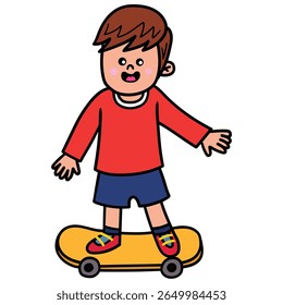 Hand drawn cartoon boy riding a skateboard isolated on white background. Vector illustration.