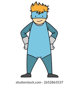 Super-herói desenhado à mão desenhado menino de desenhos animados isolado no fundo branco. Ilustração vetorial.