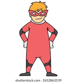 Super-herói desenhado à mão desenhado menino de desenhos animados isolado no fundo branco. Ilustração vetorial.