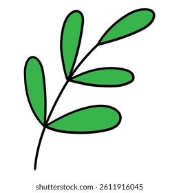 Hand drawn cartoon branch with green leaves isolated on white background. Vector illustration.