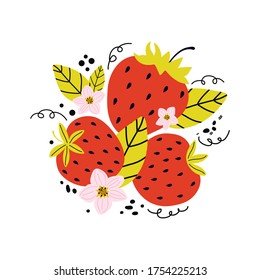 Hand drawn cartoon bright natural red strawberry isolated on a white background. Summer fresh sweet berries, pink flowers and leaves. Vector flat illustration in Scandinavian style. 