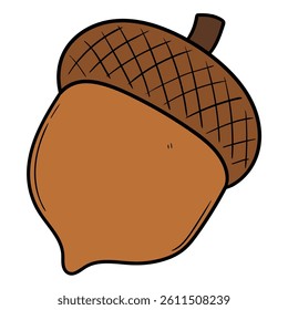 Hand drawn cartoon brown acorn isolated on white background. Vector illustration.