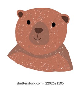 Hand Drawn Cartoon Brown Bear. Color Pencil Effect. Vector Illustration For Kids.