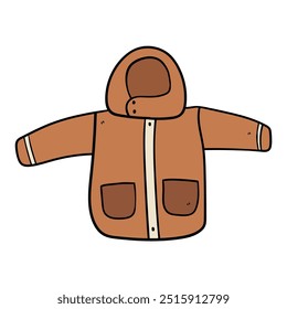 Jaqueta de inverno das crianças marrom desenhada à mão isolada no fundo branco. Concept outerwear quente, estilo. Ilustração vetorial.