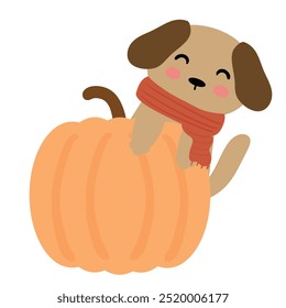 Hand drawn cartoon brown dog with dark red scarf and pumpkin. cute animal drawings, doodles for autumn mood