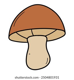 Hand drawn cartoon brown edible mushroom isolated on white background. Vector illustration.