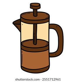 Hand drawn cartoon brown glass teapot isolated on white background. Vector illustration.