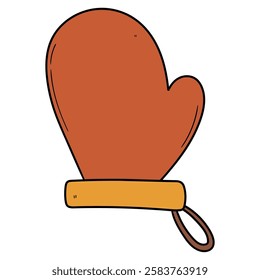 Hand drawn cartoon brown kitchen mitten isolated on white background. Vector illustration.