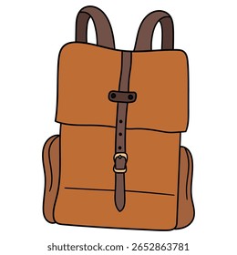 Mochila de couro marrom desenhada à mão isolada no fundo branco. Ilustração vetorial.