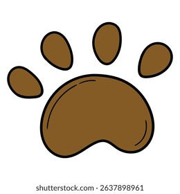Hand drawn cartoon brown paw print isolated on white background. Vector illustration.