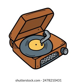 Hand drawn cartoon brown vinyl player isolated on white background. Top view. Vector illustration.