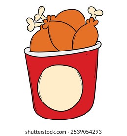 Hand drawn cartoon a bucket of fried chicken legs isolated on white background. Vector illustration.