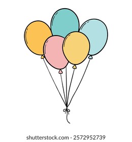 Hand drawn cartoon bunch of colored balloons isolated on white background. Vector illustration.