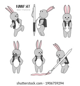Hand drawn cartoon bunny with backpack in school. Set of vector bunnies. Cute scketch character design in funny poses. Gray Rabbit schoolboy . Doodle style funny icon. Simple line stickers