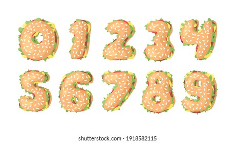 Hand Drawn Cartoon Burger Alphabet Numbers. Fast Food Vector Font. Tasty Illustration Meal and Text. Flat Style Collection