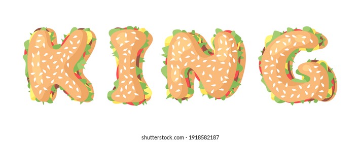 Hand Drawn Cartoon Burger Alphabet. Fast Food Vector Font. Tasty Illustration Meal and Text. Flat Style Collection