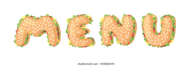 Hand Drawn Cartoon Burger Alphabet. Fast Food Vector Font. Tasty Illustration Meal and Text. Flat Style Collection