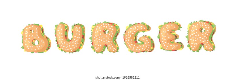 Hand Drawn Cartoon Burger Alphabet. Fast Food Vector Font. Tasty Illustration Meal and Text. Flat Style Collection