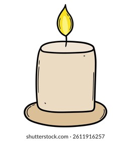 Hand drawn cartoon burning candle isolated on white background. Vector illustration.