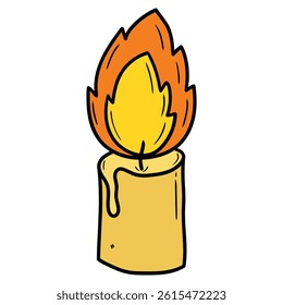 Hand drawn cartoon burning candle isolated on white background. Vector illustration.