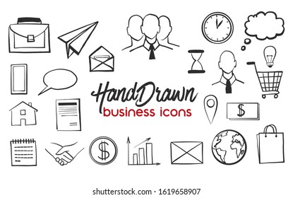 Hand drawn cartoon business icon for web design. Doodle elemnts design set. Vector sketch illustration on white background