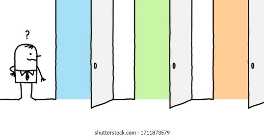 hand drawn Cartoon businessman hesitating front of three different opened doors